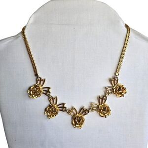 Vintage MCM Gold Tone Rose Flower Choker Necklace Articulated Floral Collar 14"